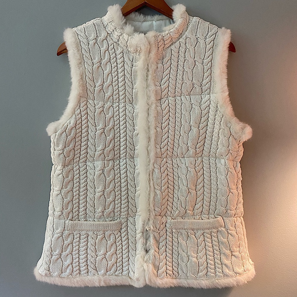 Talbots Knit Vest With Faux Fur Trim-size medium